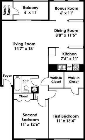Two Bedroom One Bath Floorplan at Kenilworth at Perring Park Apartments, Parkville, Maryland